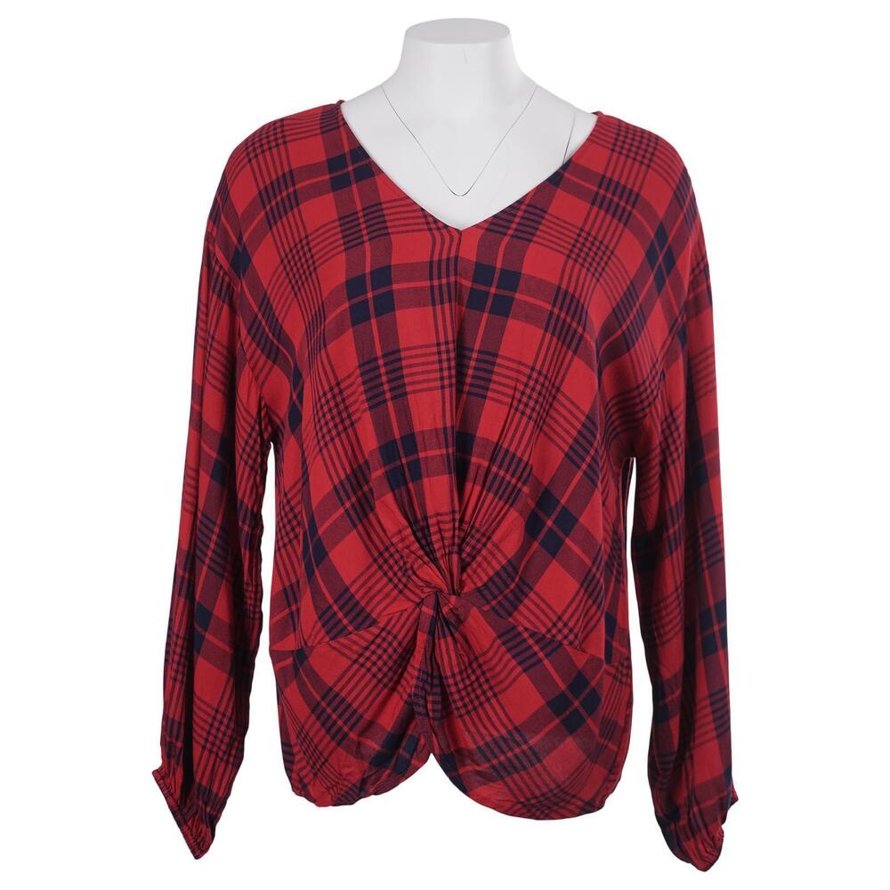 IMAN Top L Red Blue Plaid V-Neck Twist Front Pullover Long Sleeve Casual